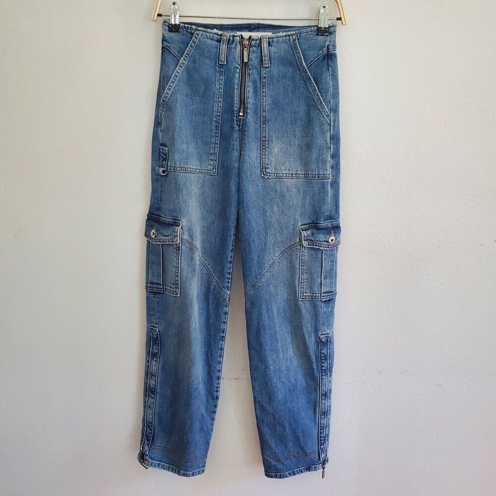 Jonathan Simkhai Payton Denim Cargo Jeans Mid Rise Straight Leg Zipper Hem